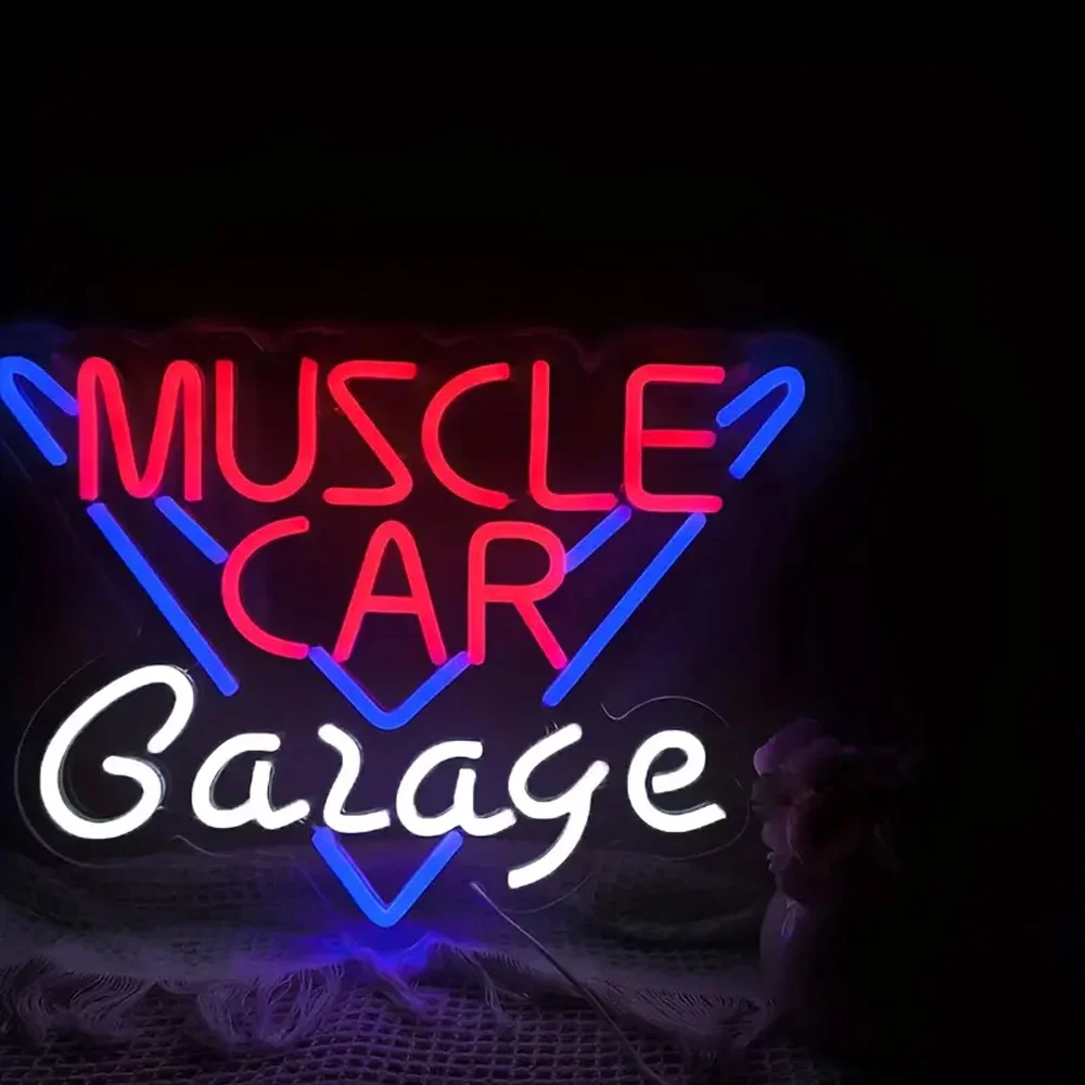 Muscle Car Garage LED Neon Sign - Multicolor Plastic Wall Hanging with Switch Control,USB Powered for Multipurpose Use in Rooms