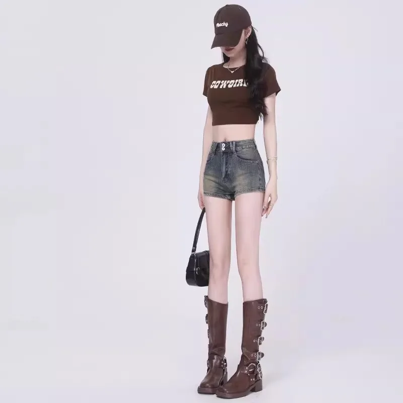 

Женские джинсовые брюки с завышенной талией в стиле ретро, большие размеры, обтягивающие сексуальные шорты трапециевидной формы, летние хлопковые эластичные джинсовые брюки