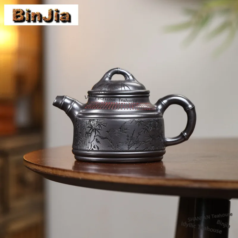 340ml Classic Yixing Purple Clay Teapots Handmade High Bamboo Drum Pot Raw Ore Stone Yellow Mud Kettle Chinese Zisha Tea Set
