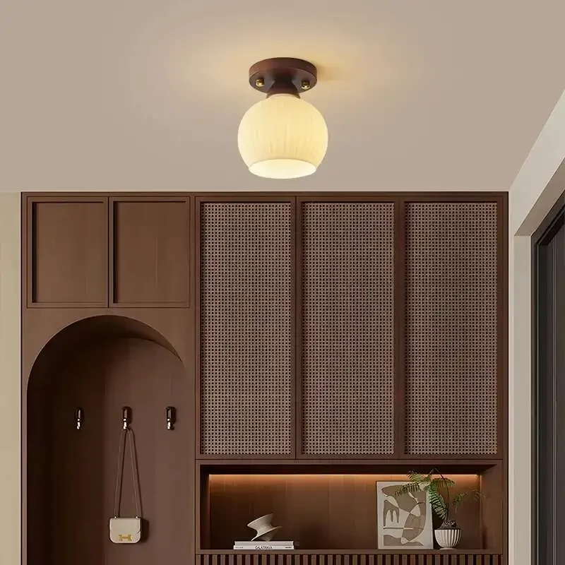 

Retro Style Walnut Corridor Aisle Chandelier Lights New Chinese Wood E27 Ceiling Chandelier for Entrance Balcony Cloakroom Study