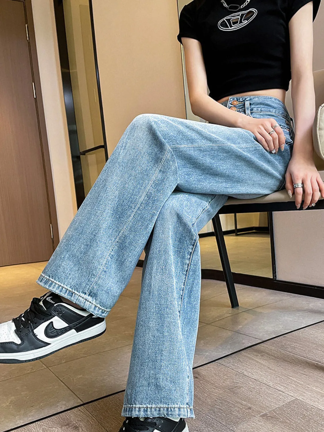 Women's High Waisted Wide Leg Jeans Vintage Wash Baggy Denim Pants Y2K Streetwear Full Length Loose Trousers Two Length Options