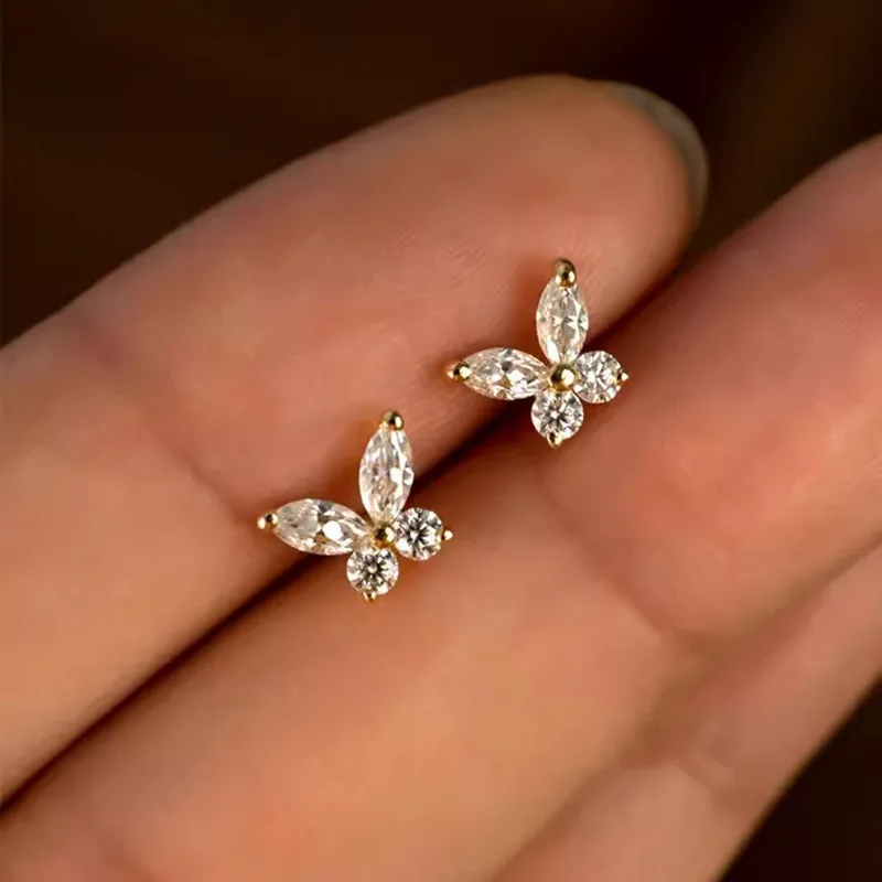 

925 Sterling Silver Plating 14K Gold Shining Zircon Butterfly Earrings for women Simple Fashion Temperament Light Luxury Jewelry