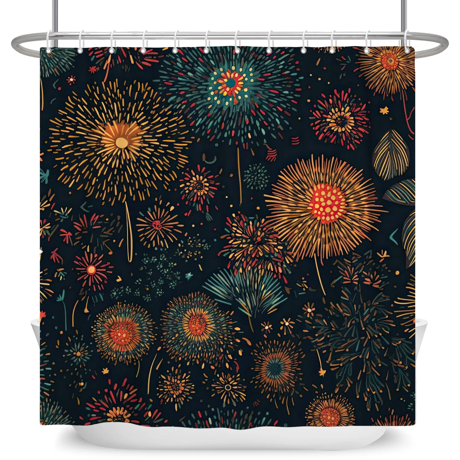 

Happy New Year Shower Curtain Fireworks and Crackers Festival Theme Fabric Bathroom Curtains Waterproof Washable Bathtub Screen