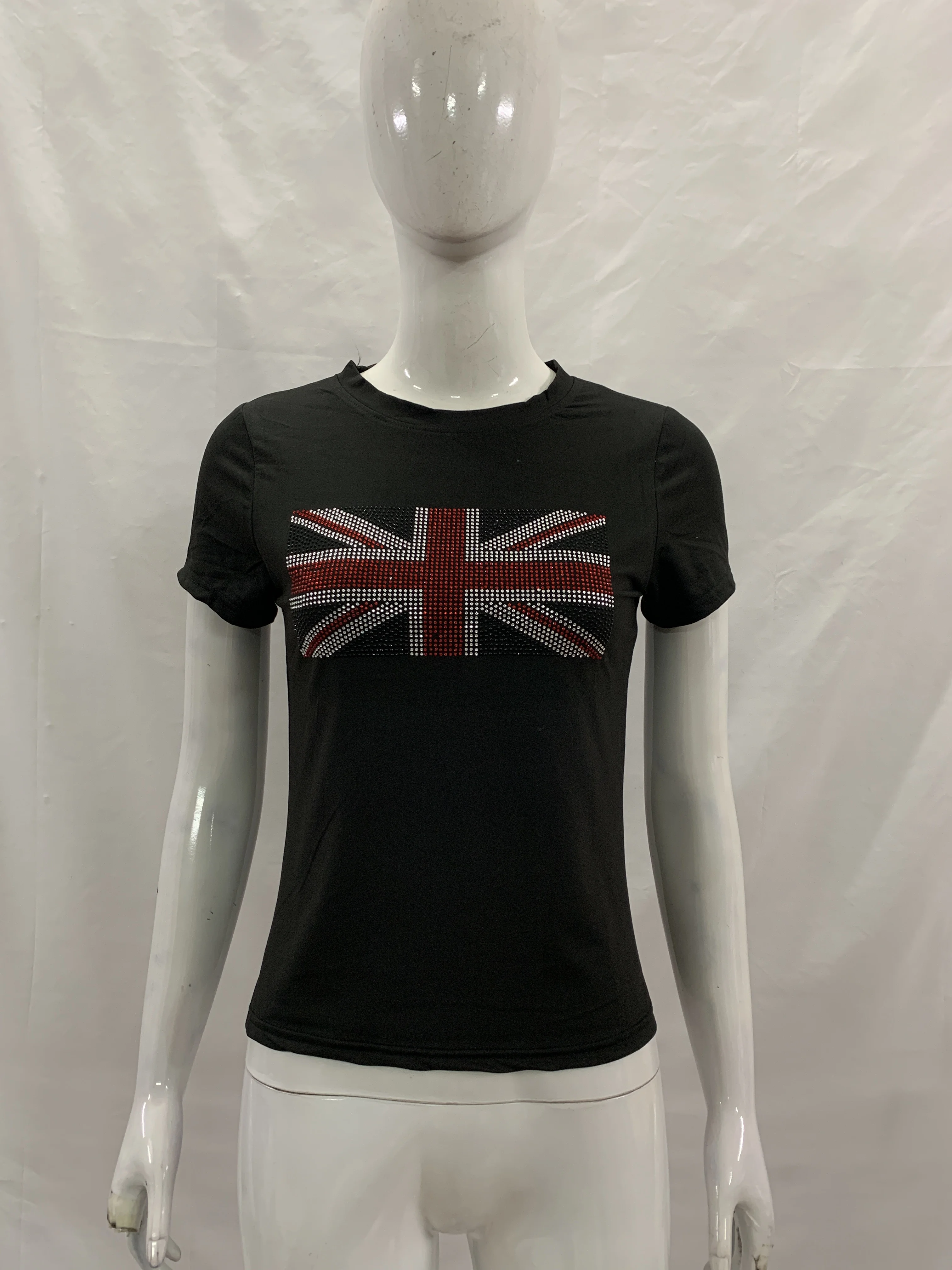 Damen Y2K Kurzes Rundhals-T-Shirt mit Strass-Britain-Flaggen-Print, für Musikfestivals, Casual Street Crop Top – Detail 10