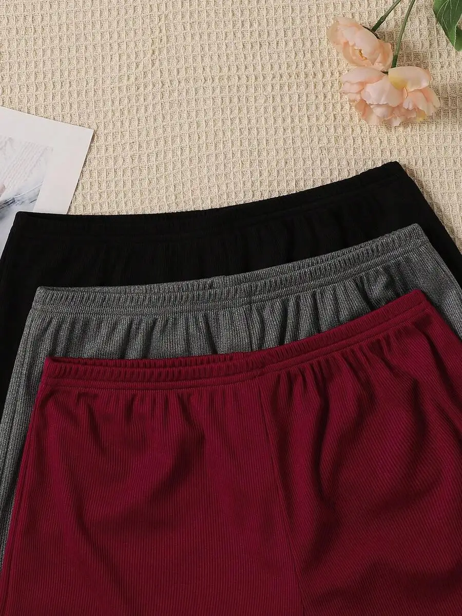 3pcs Women Loose Comfortable Sleep Pants Set Spring Summer Solid Color Ribbed Waistband