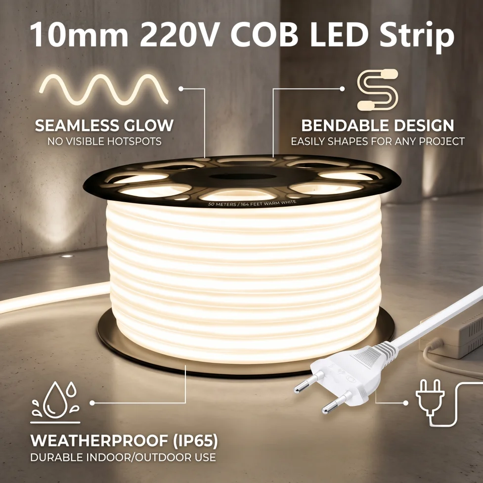 10mm Lens 220V COB LED Strip with IP65 Waterproof Silicone Tube EU Plug Flexible Tape for Home Outdoor Garden Courtyard Lighting