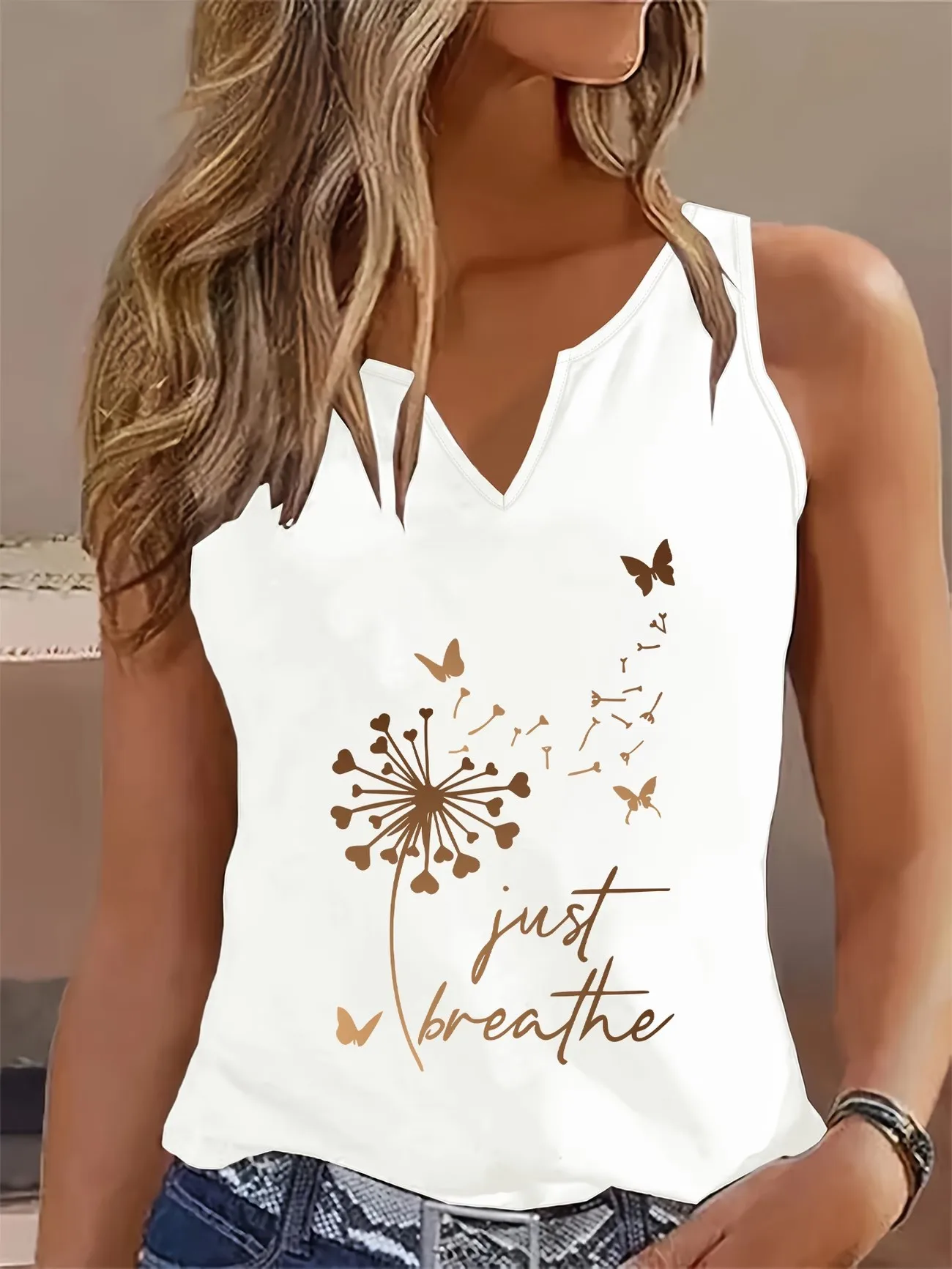 Retro Women Just Breathe Dandelion Butterfly Print Sleeveless Tank Top T-shirt V Neck Casual Vest T Shirt Clothes Summer Spring