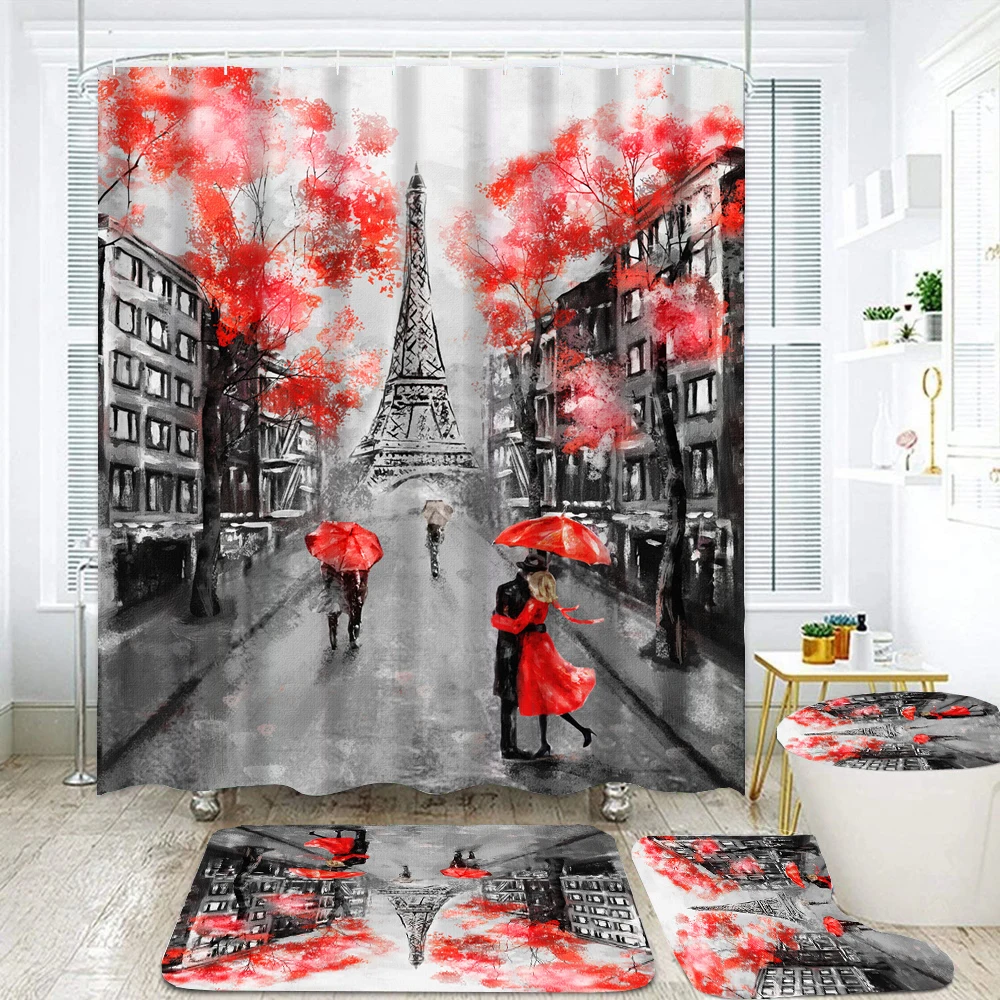 Paris Tower Shower Curtain Set Durable Non-slip Carpet Bath Mats Toilet Cover Printed Fabric Scenery Bathroom Curtains Decorate