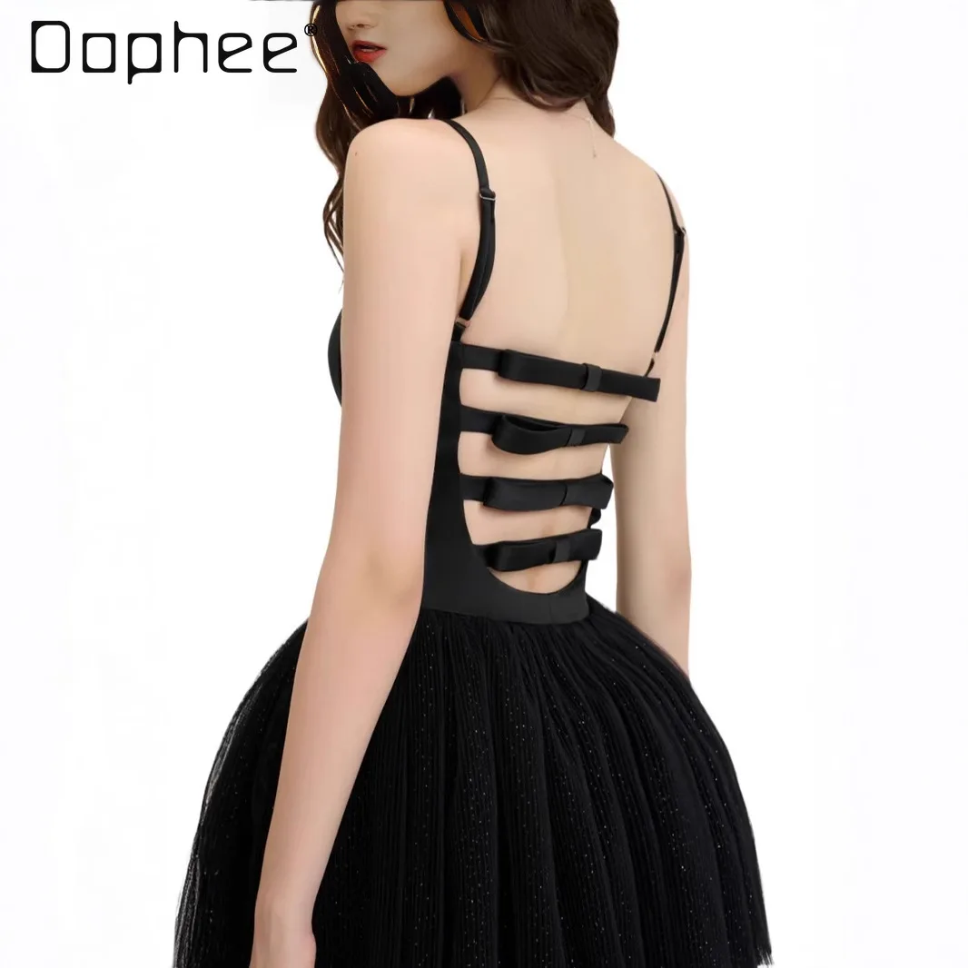 Vestido Sexy de encaje con lazo y espalda descubierta para mujer, vestidos de noche de princesa elegantes franceses, Mini vestido con tirantes estilo Ballet