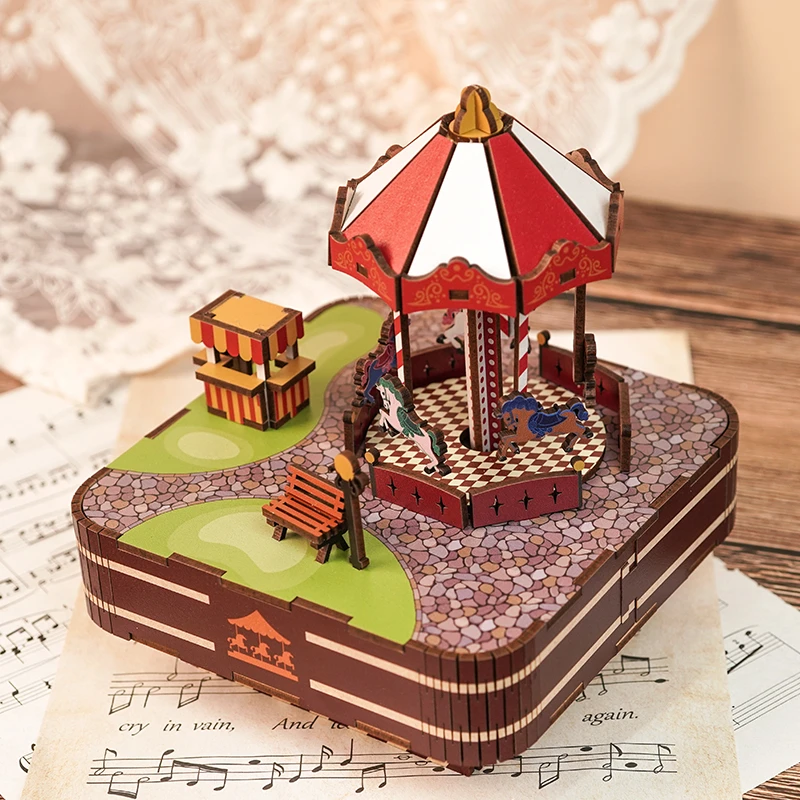 DIY 3D de madera, caja de música Merry-go-ground, Kits de modelos en miniatura, rompecabezas que puede mover para niños, regalos de cumpleaños, decoración del hogar