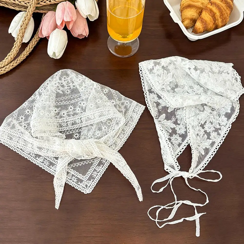 White Embroidered Floral Lace Hair Scarf Wraps Women Retro Triangle Headscarf Hat Travel Photo Headband Hair Accessories