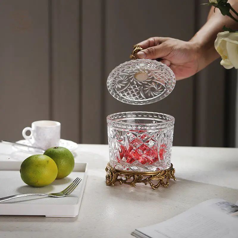 HT crystal glass brass candy jar - premium transparent storage box - living room home decor creative gift