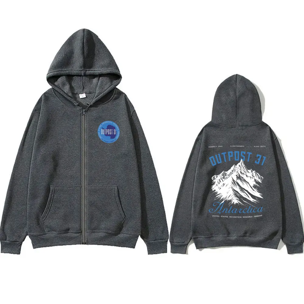 Outpost 31 Logo 80s Movies Zipper Hoodies Movie The Thing 1982 Monster Horror Sci-fi Film Zip Up Jacket Men Oversized Hoodies