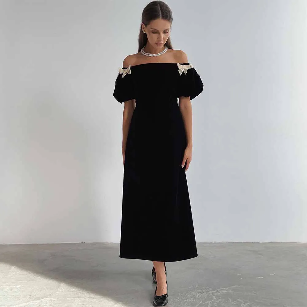 

2025 Elegant Birthday Party Dresses Velour A-line Prom Dress Black Off-the-shoulder Bows Split Cocktail Party Gown Midi