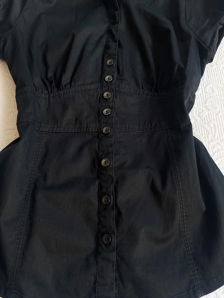 

Original Unique Bla ort Sve irt for Women Slim Fit Korean Sle Commute Faion Button Detail Polyester Cotton Blend