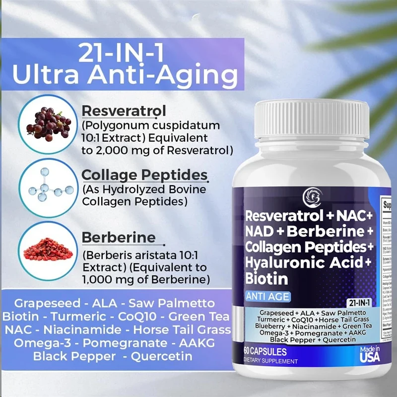 Resveratrol NAD+Aspartate Hyaluronic Acid Grape and Blueberry+NAC Collagen Peptide Hair, Nail, Skin, and Joint Supplements