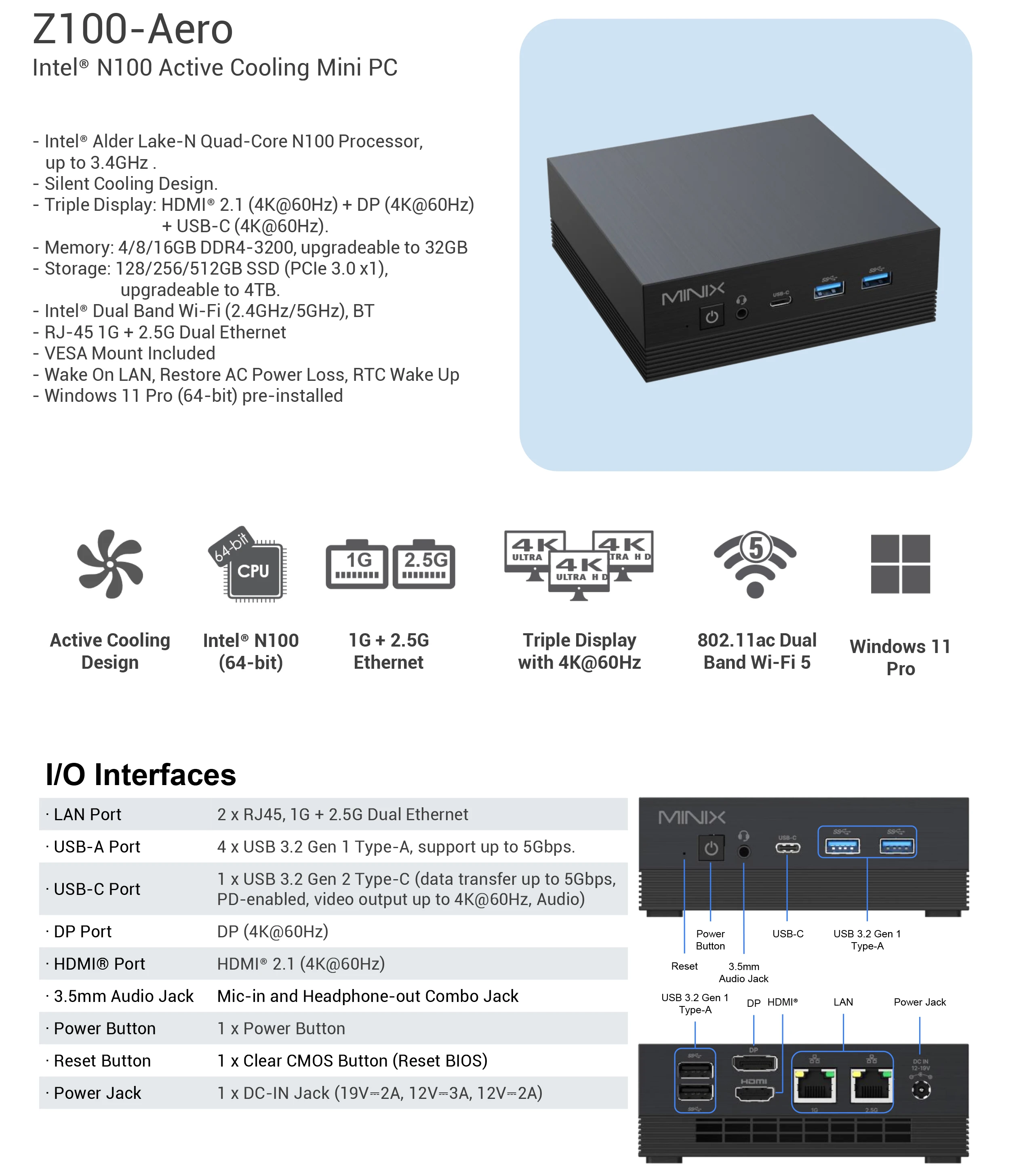 MINIX Z100-Aero Intel N100 Mini Pc DDR4 16G 512G SSD Wifi5 Windows 11 Pro BT5.1 4K DP Gaming Home Office Desktop Computer