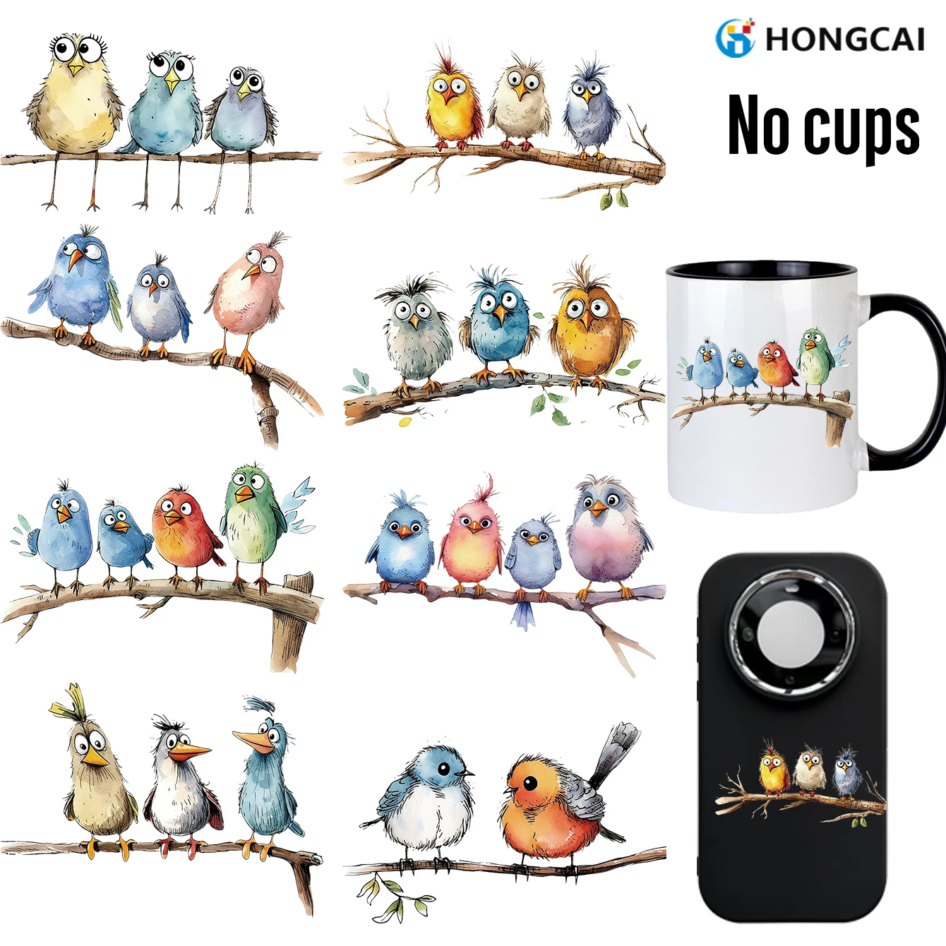 8 Adorable and Playful Birdies UV DTF Stickers Easy to Apply, Perfect for Decorating Mugs, Phone Cases, and Home Decor Items