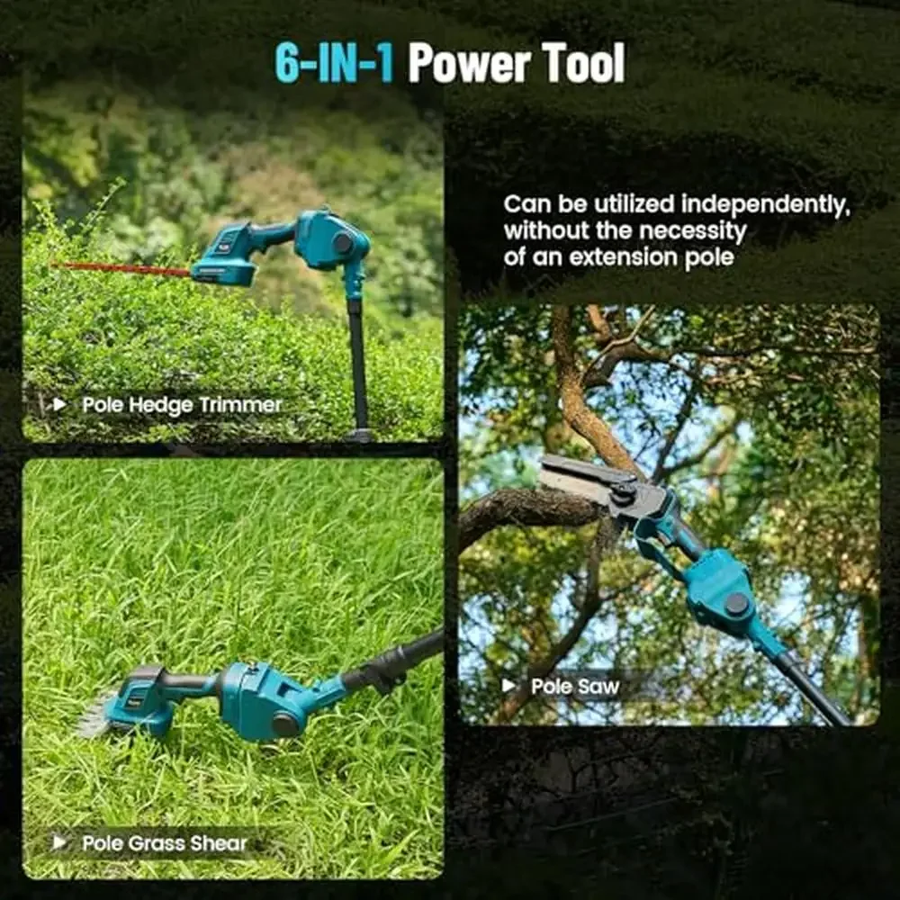 6-in-1 Cordless Pole Saw Hedge Trimmer Combo Electric Chainsaw Grass Shear Batteries Extension Versatile Design Gardening and