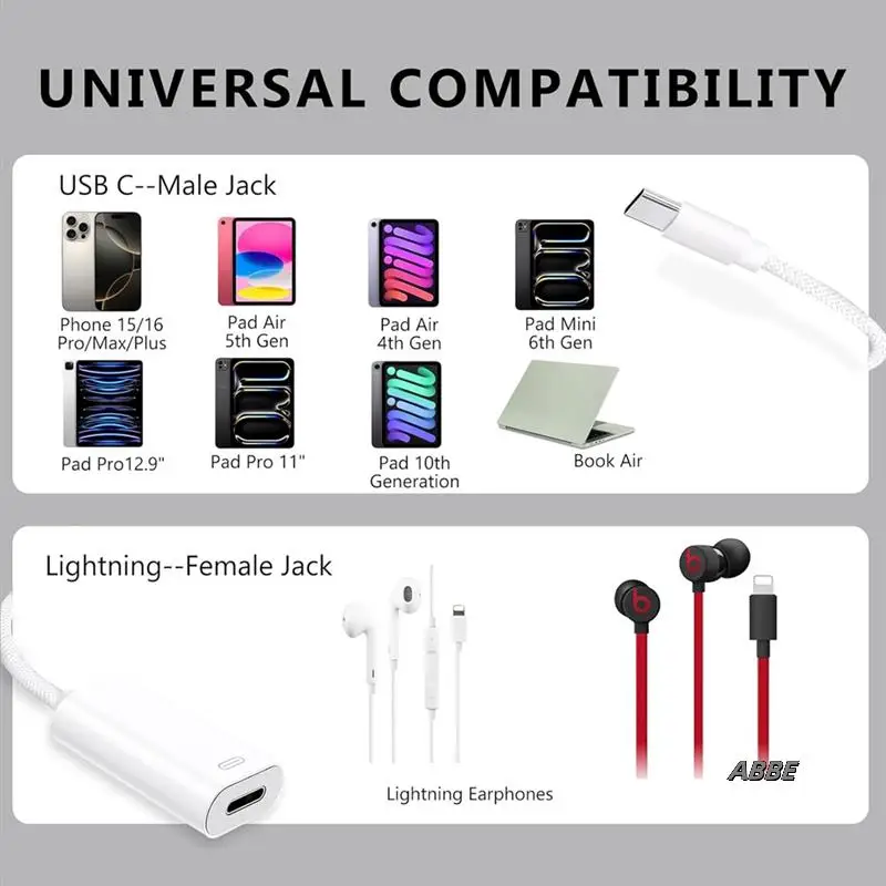 

Type C Male To Female Lightning Earphone Converter With Charge/Data Transfer, USB C To Lightning Headphone Audio Adapter