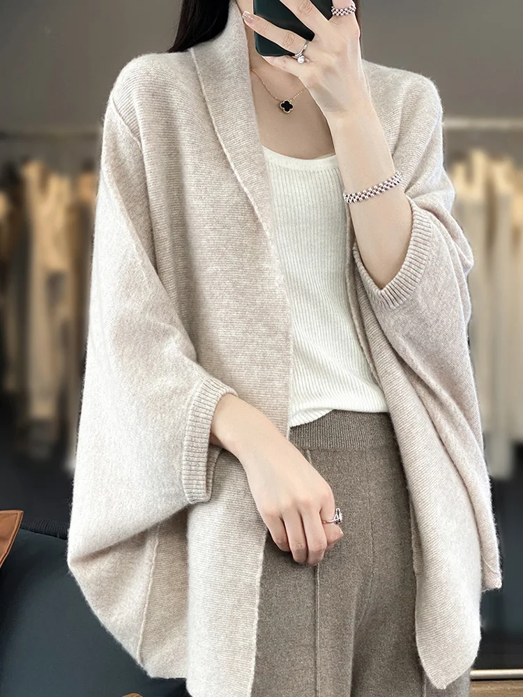 

New Fashion Autumn Winter Women's Cardigan Cashmere Sweater 100% Merino Wool Knitwear Female Grace Soft Warm Cape Casual Tops