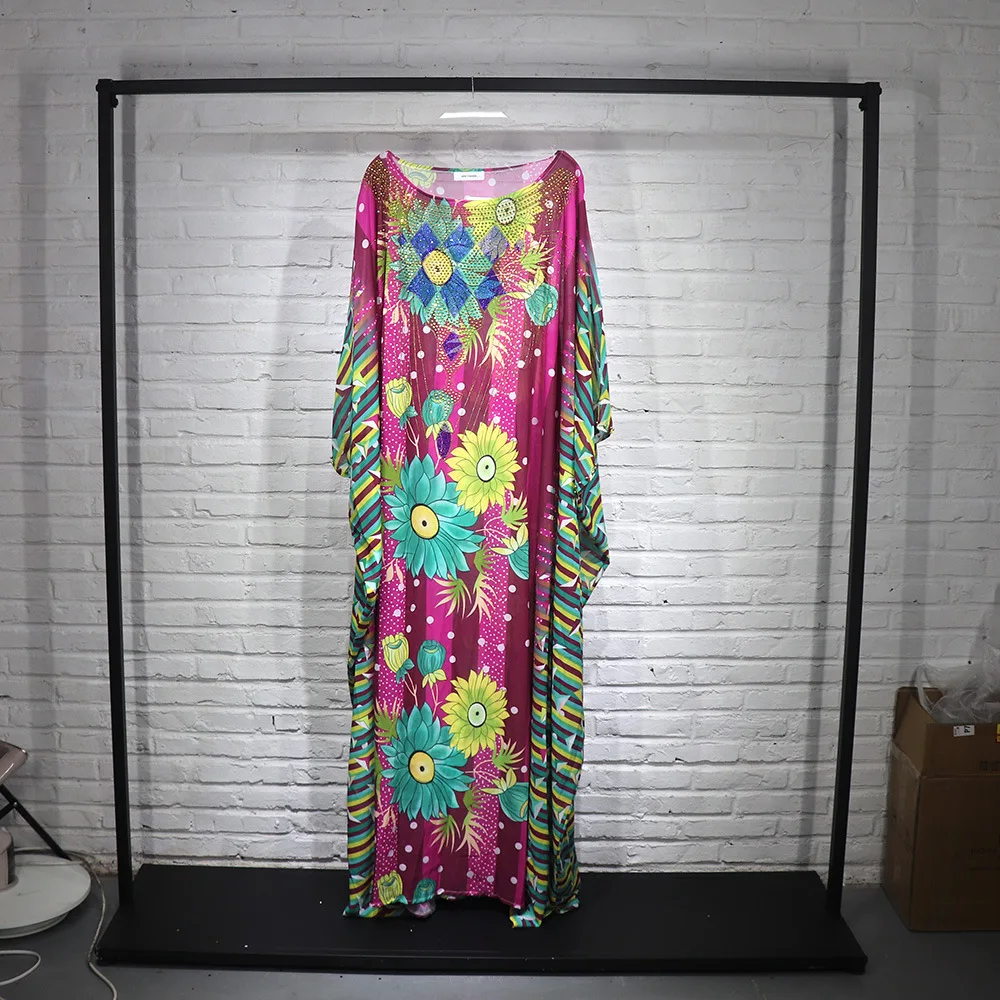 Vestido acampanado grande para madre africana, bata holgada de tela de gasa con manga de murciélago, cuello redondo musulmán, vestido de fiesta con cuentas de lujo Dashiki