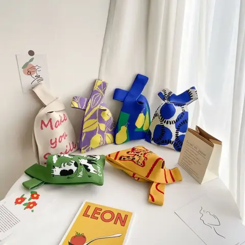 Cat Knit Handbag Fashion Knit Handmade Shopping Bags High-capacity Knot Wrist Bag Girls