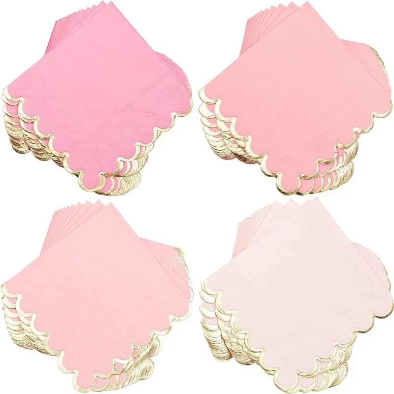 100 Pack Pink Scalloped Cocktail Napkins with Gold Foil Accents(3-Ply, 5 x 5 In)