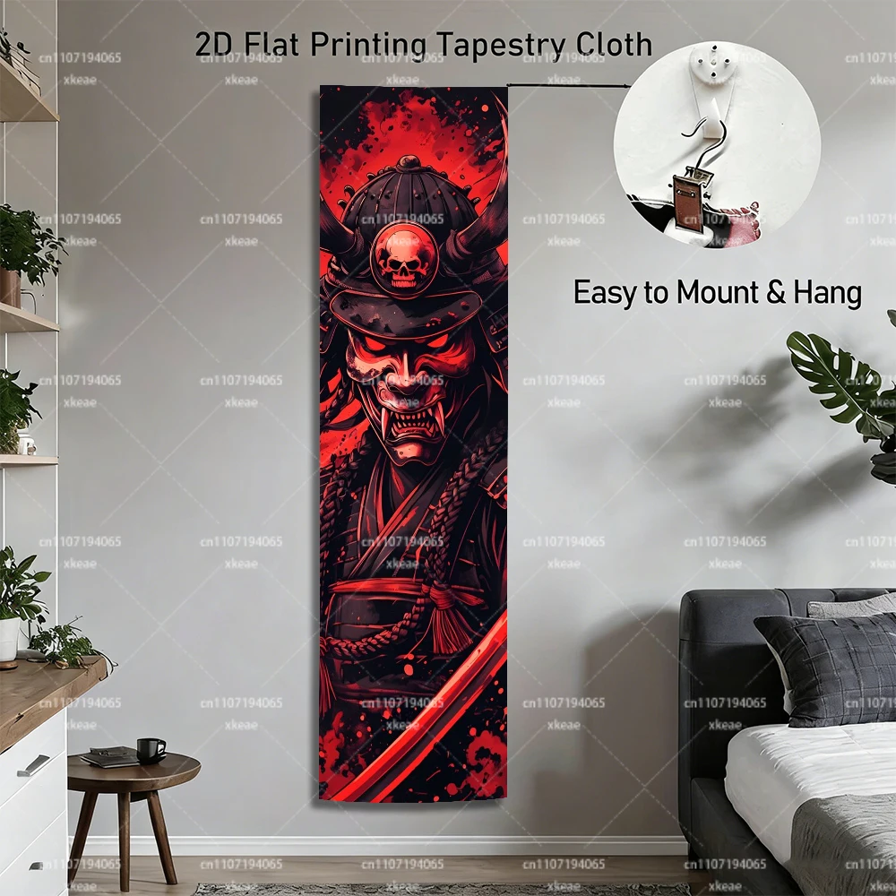 Japanese Samurai Oni Mask Tapestry, Red Demon Vertical Wall Hanging, Cool Anime Art Decor