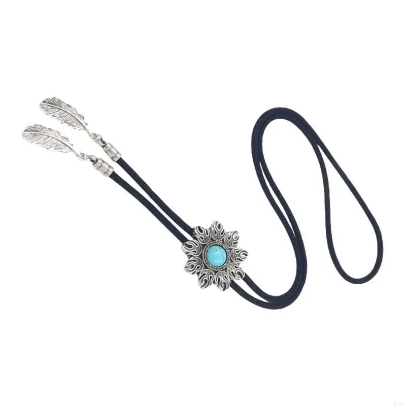 

L5YA Western Cowboy Metal Sun Turquoises Stone Pendant Bolo Tie Braided Rope Necktie Necklace Metal Jewelry Neckwear