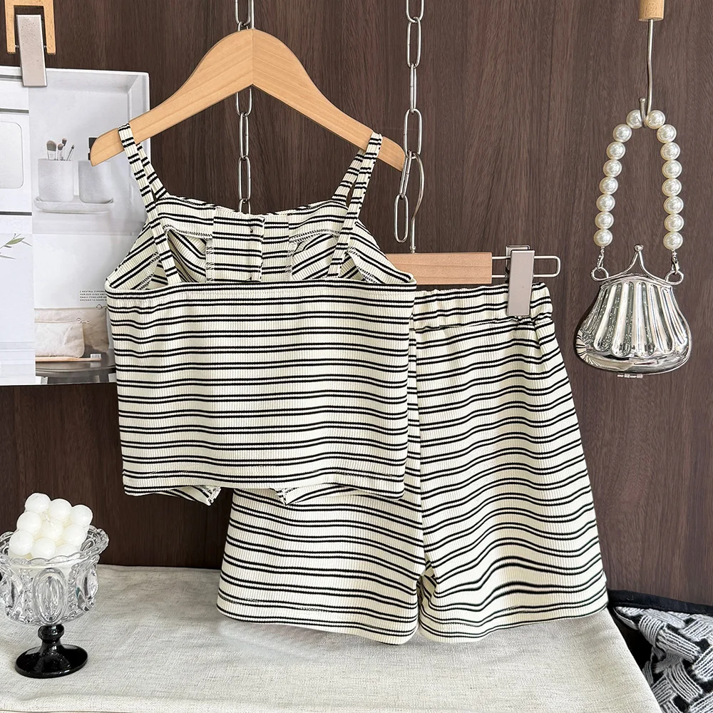 Summer Casual Children's Set Black and White Color Blocked Girls' Clothing Pleated Striped Camisole Top+Shorts Two-piece Sets