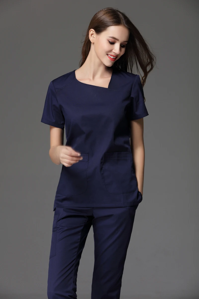 

Summer Women's Short Sleeve Small U Neck Medical Scrub Uniform Sets Dental Clinic Spa Beauty Top And Long Pant Working Clothes