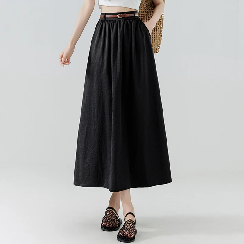 

Women's Fashion Summer New Black Loose Pleated Swing Vintage Chic Female High Elastic Waist Elegant A-line Long Skirt Mujer