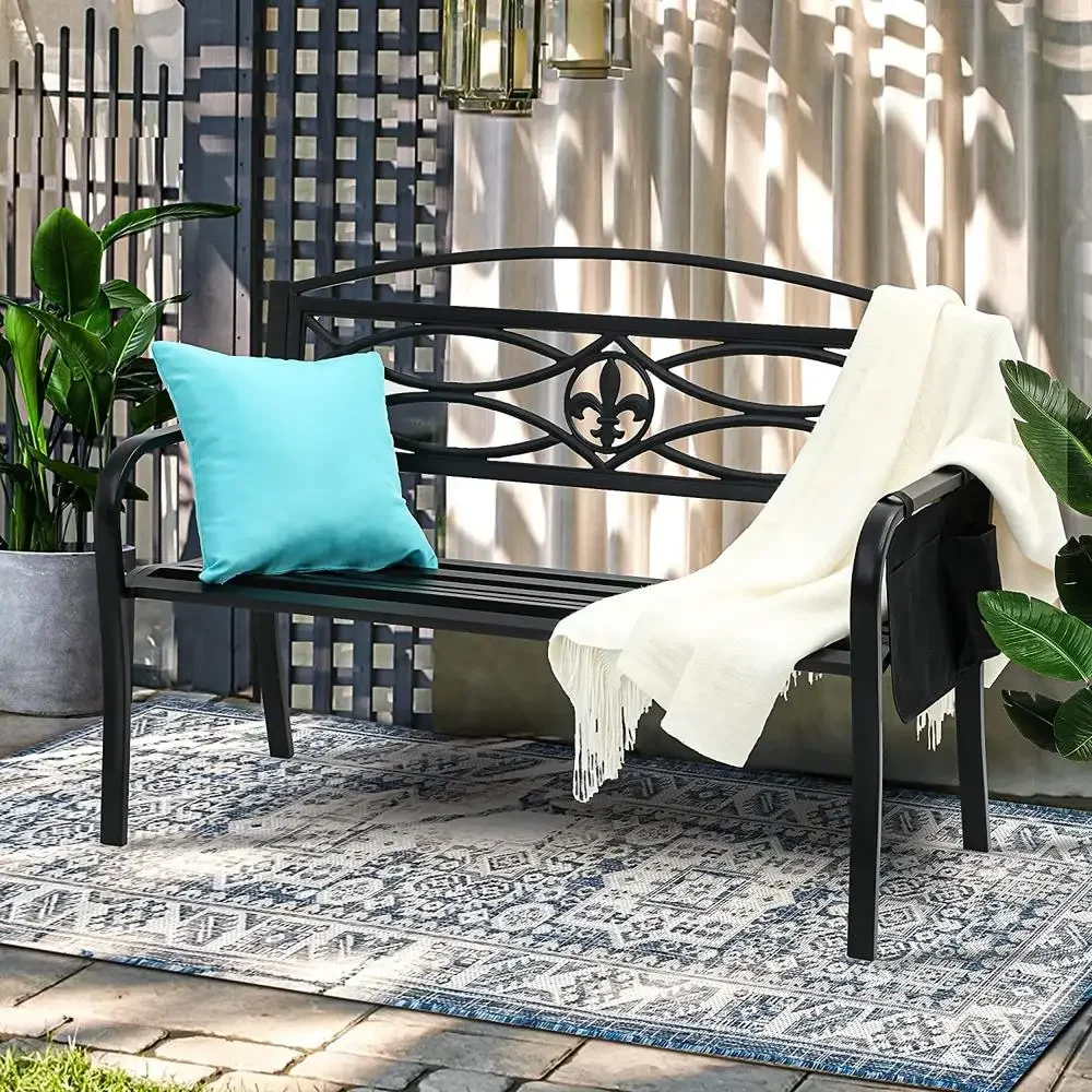 Metal Outdoor Bench with Cloth Storage Bag Spear Pattern Patio Bench with Backrest and Armrest Durable Black Garden Furniture