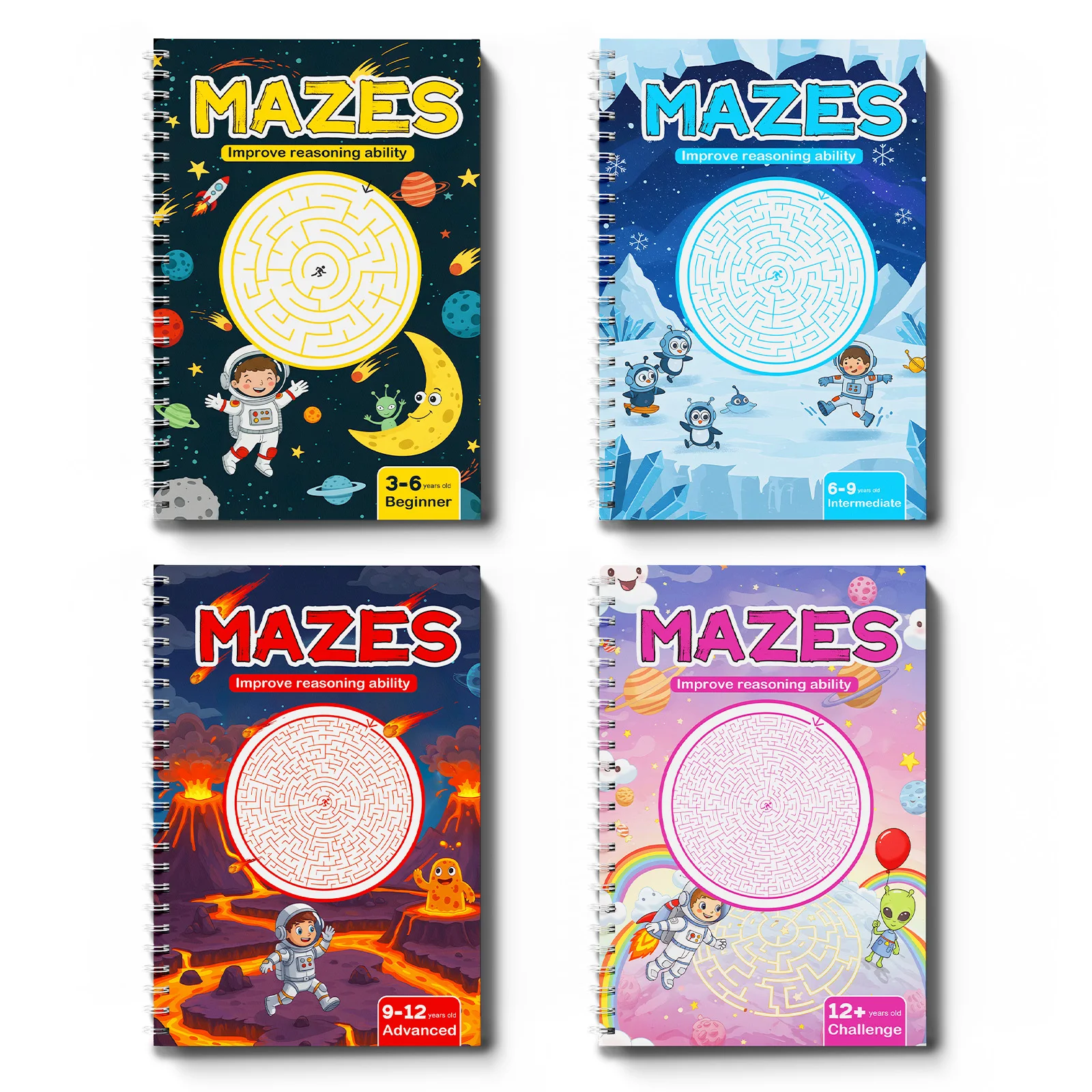 Maze Books for Smart Kids, Brain Training and Reasoning Activity Books, Beginner Intermediate Advanced Challenge Levels