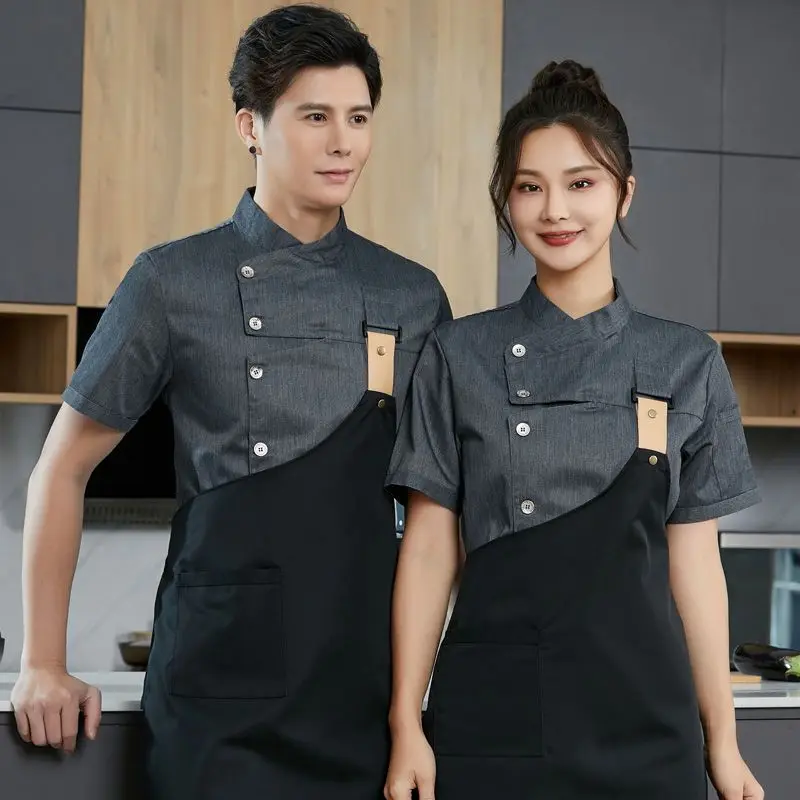 Veste de chef à manches courtes avec logo pour hommes, manteau de chef noir, tablier d'été, uniforme de chef, vêtements de cuisine, restaurant, hôtel