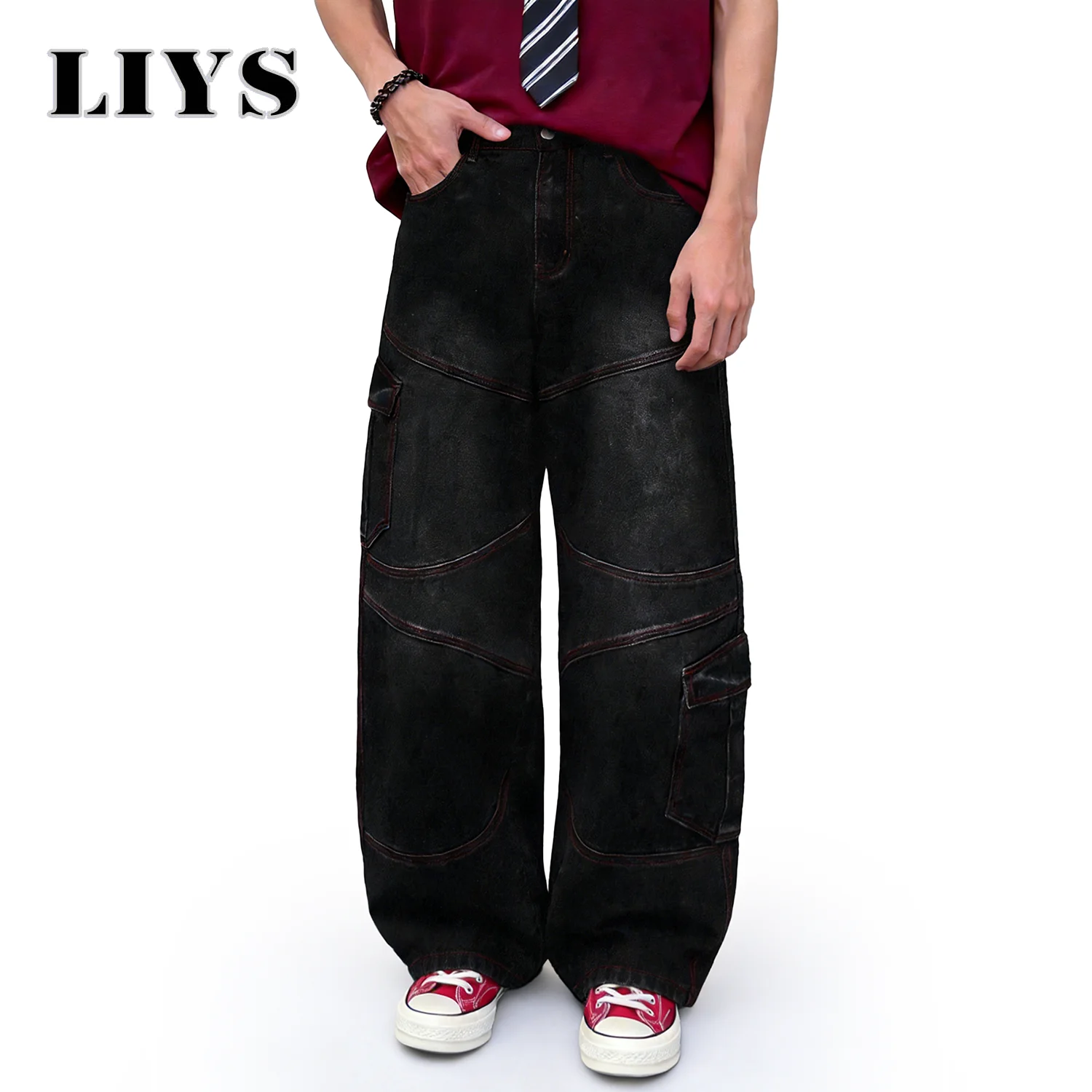 LIYS American Retro Four Seasons Black Baggy Wide Leg Men's Cargo Jeans Street Youth Splicing Multi Pocket Denim Pants Unisex
