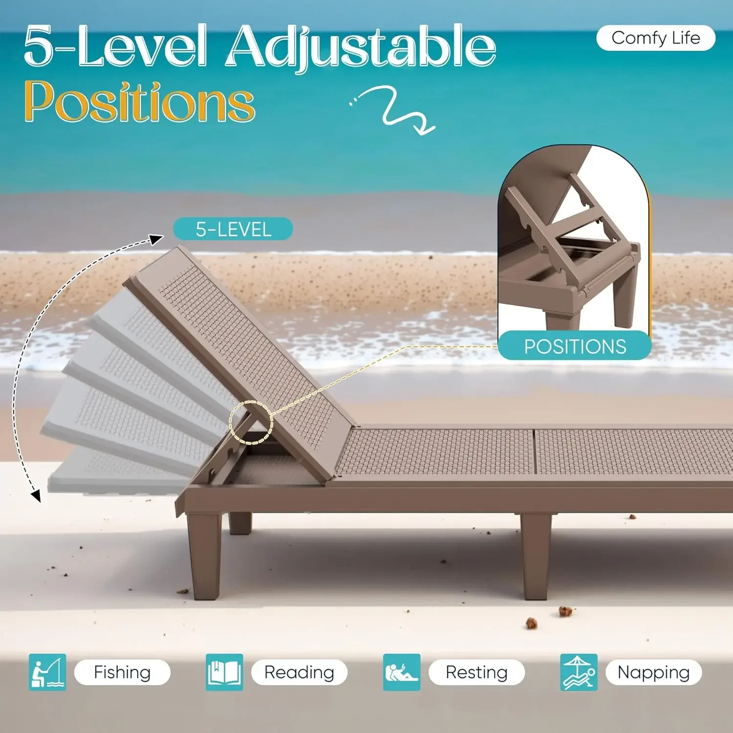 [سعر مخفض! ]طقم كراسي استرخاء خارجية مكونة من قطعتين مع مسند ظهر قابل للتعديل مكون من 5 أوضاع، وكراسي استلقاء للتشمس PP مقاومة للماء