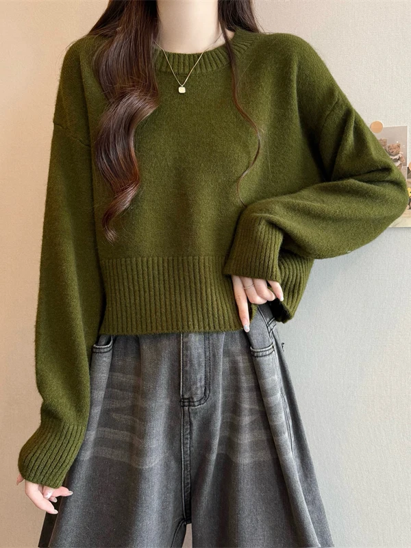 Soft Cozy Oversized Basic Style Women's Knitted Sweater Short Pure Color Casual Loose Fit round Neck Long Sleeve Autumn New A...