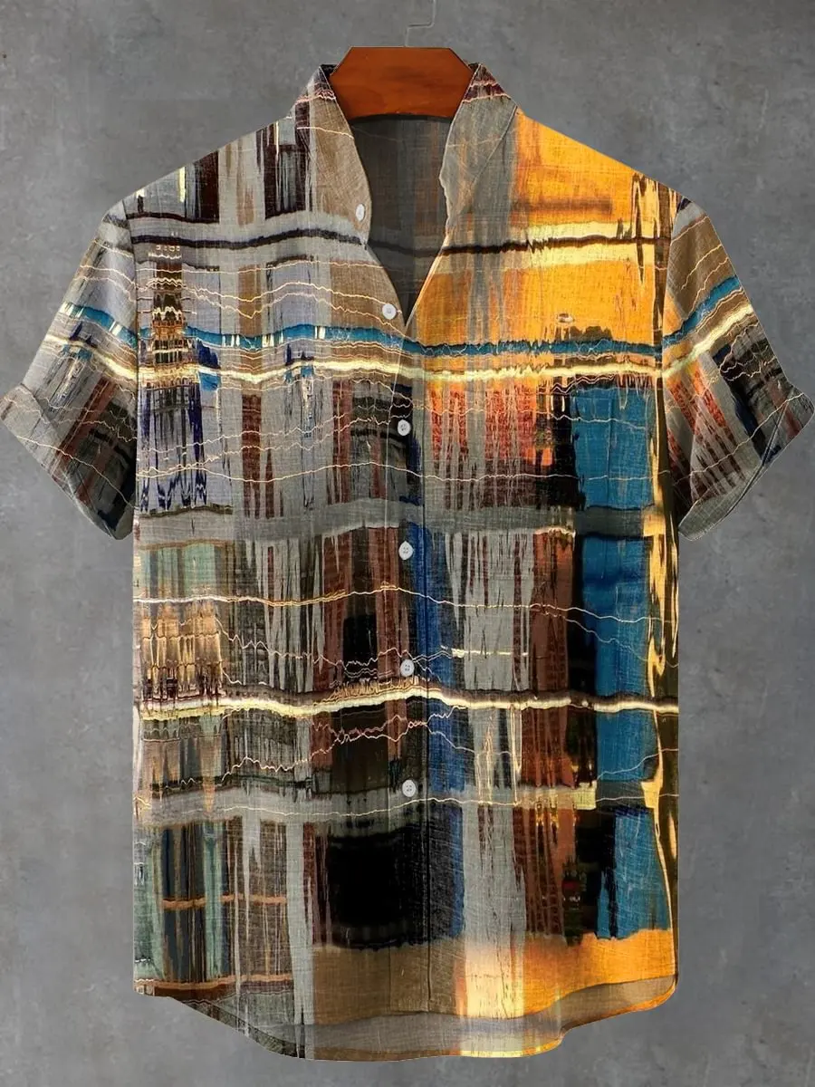 قميص رجالي كاجوال فضفاض مطبوع عصري جديد، قميص كتان عصري خفيف الوزن وجيد التهوية مناسب للسفر في الهواء الطلق