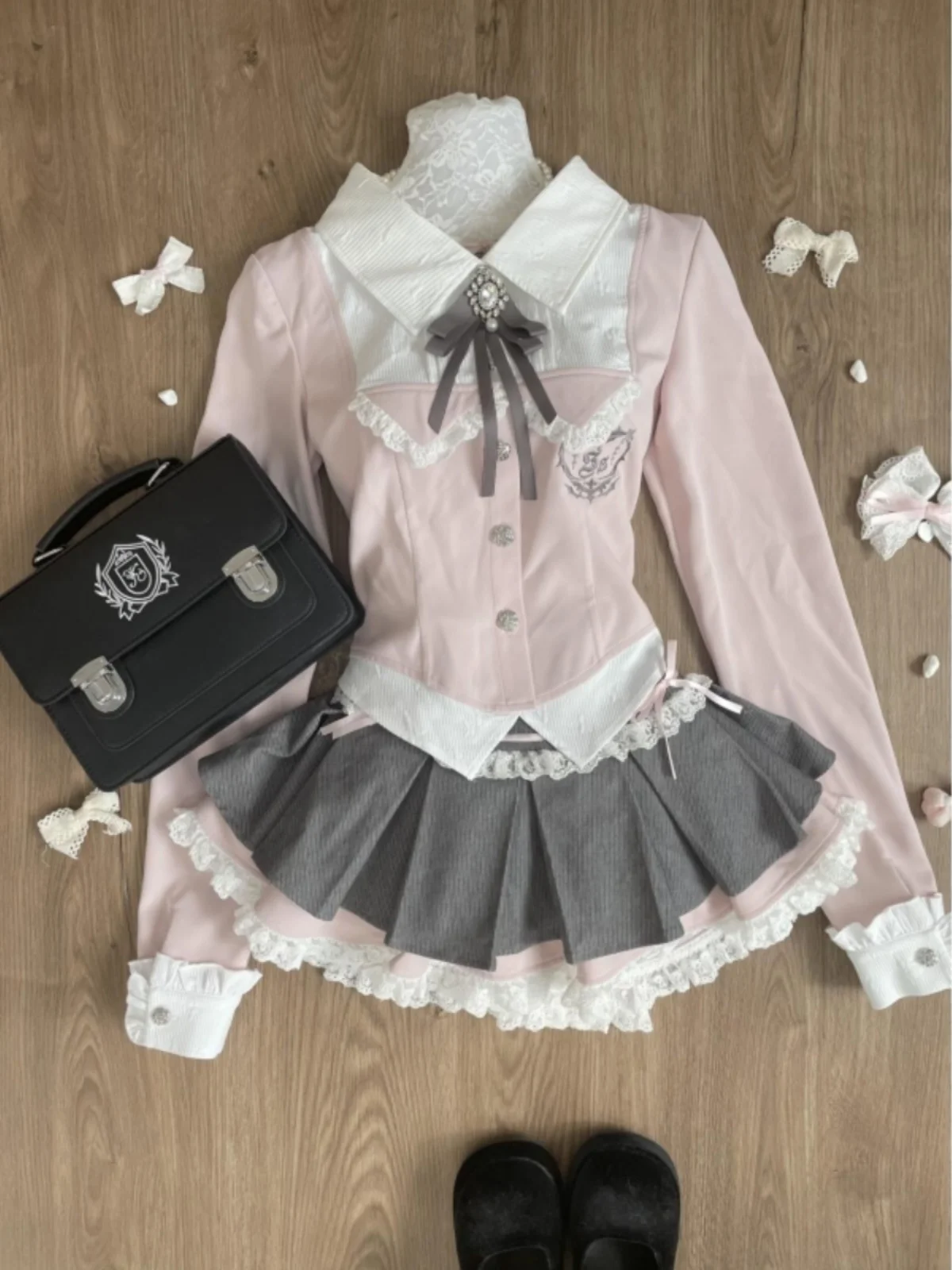 

Spring Sweet Girl's Pink School orm Sle Faux Two-Piece irt High Waist ey Pleated Skirt Two-Piece Set Women's Faion