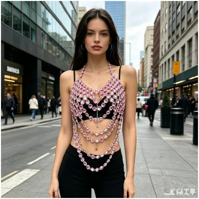 Luxuriöses Großes Kristall-Strass-Bodytop mit Neckholder und Mehrschichtigen Fransen, Sexy Kristall-Bodychain-Weste für Festivals – Detail 2