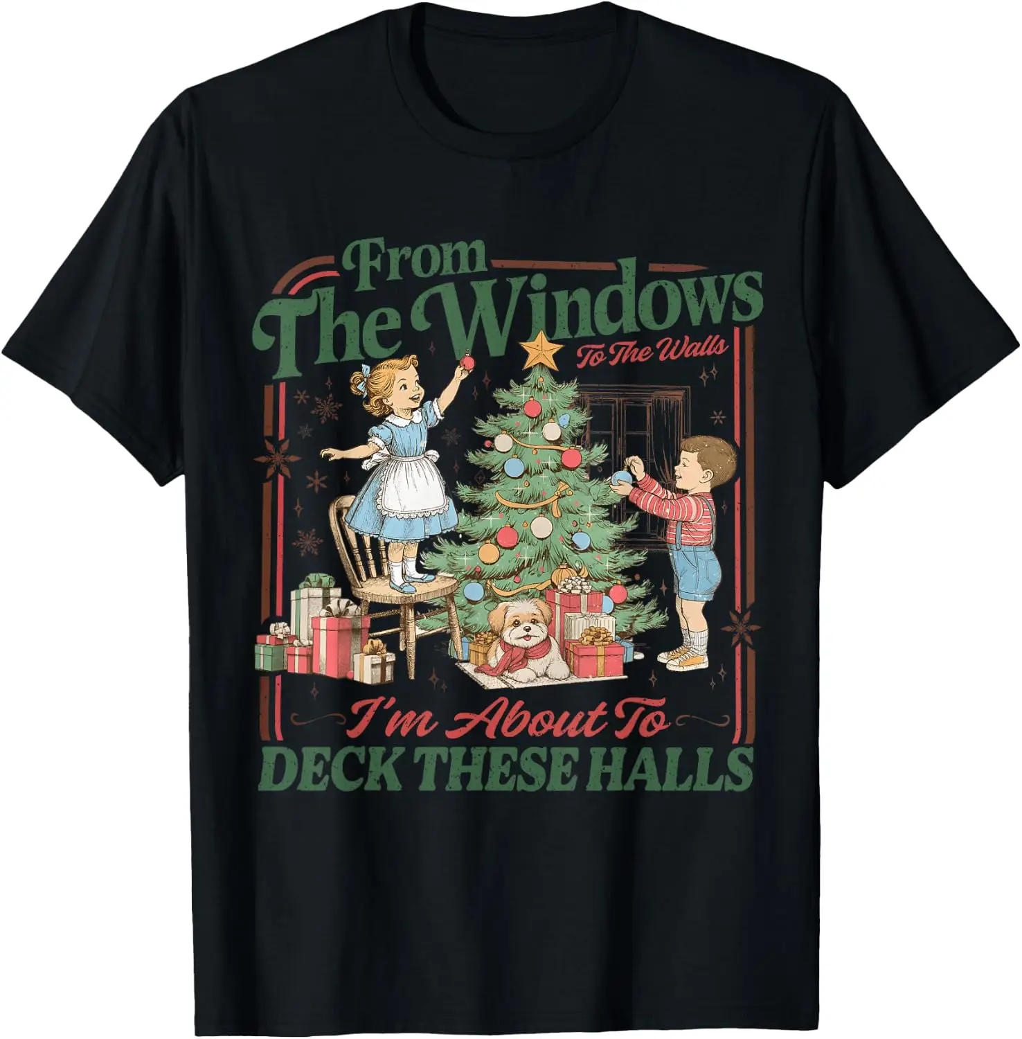 From The Windows To Walls I'm About Deck These Halls Xmas T-Shirt Men Christmas Themed Graphic T‑Shirt, Casual Crew Neck Short Sleeve Tee, Festive Holiday Art Print Top for Xmas Party Daily Wear Christmas Gift for Men