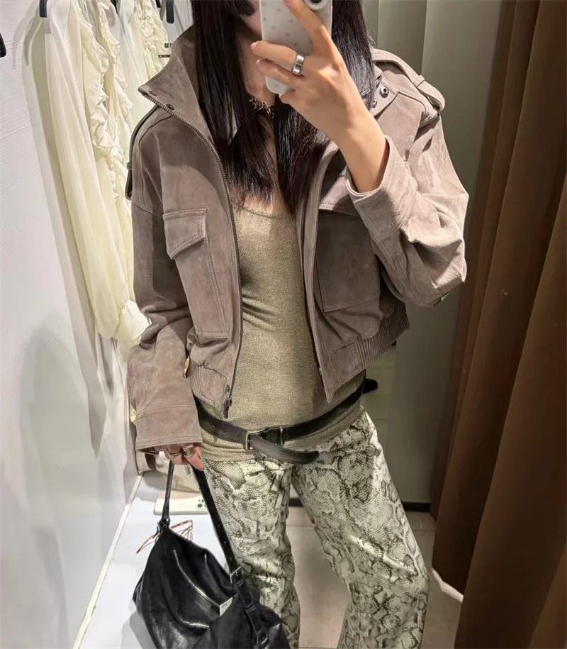 Guobioziy 2026 Fall/Winter New Women's Jacket Gray Long-Sleeve Pocket-Decorated Short Jacket Parka Motorcycle Fashion