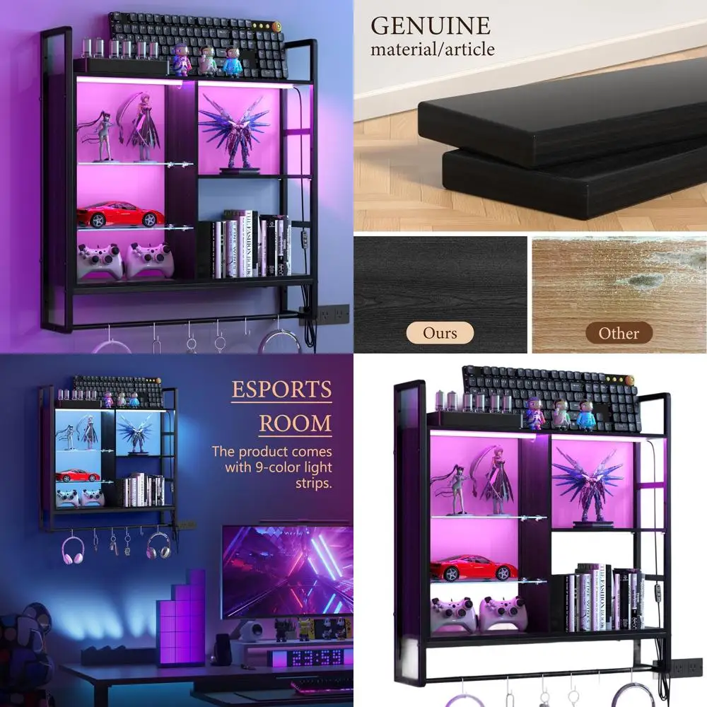 

34 светодиодных настенных 5-ярусных регулируемых стеклянных игр с 6 крючками для декора игровой комнаты и хранения вещей