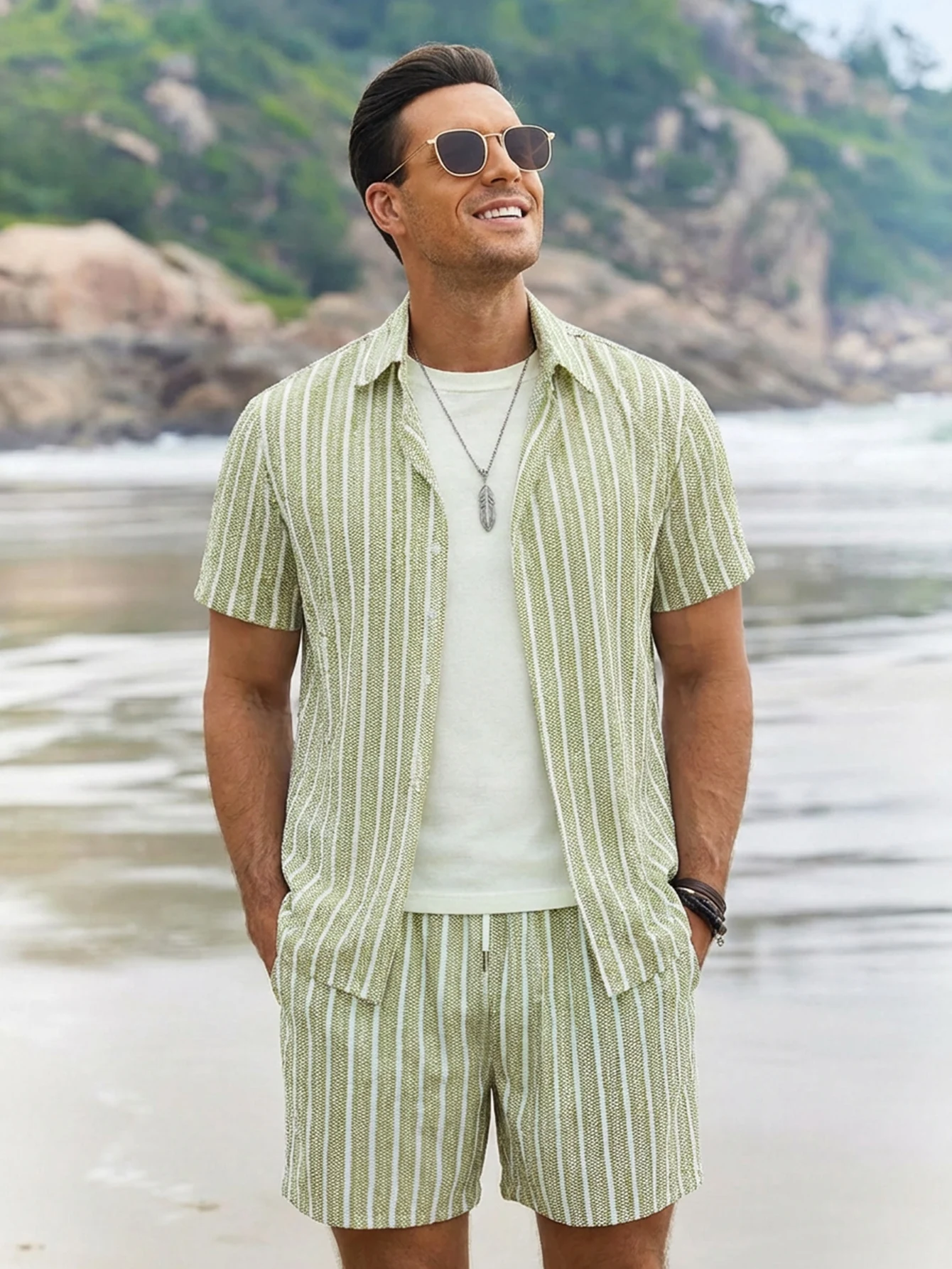 2‑Piece Sets For Men Casual Summer Set For Men Striped Short Sleeve Shirt And Drawstring Shorts Men's Clothing
