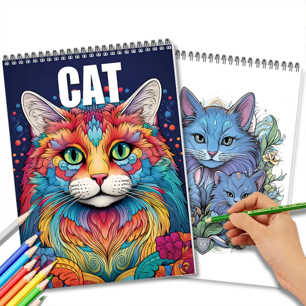 كتاب تلوين قطة الشفاء، مطبوع للكبار، من جانب واحد، 30 صفحة، فن يدوي الصنع للبالغين لتخفيف القلق والاكتئاب