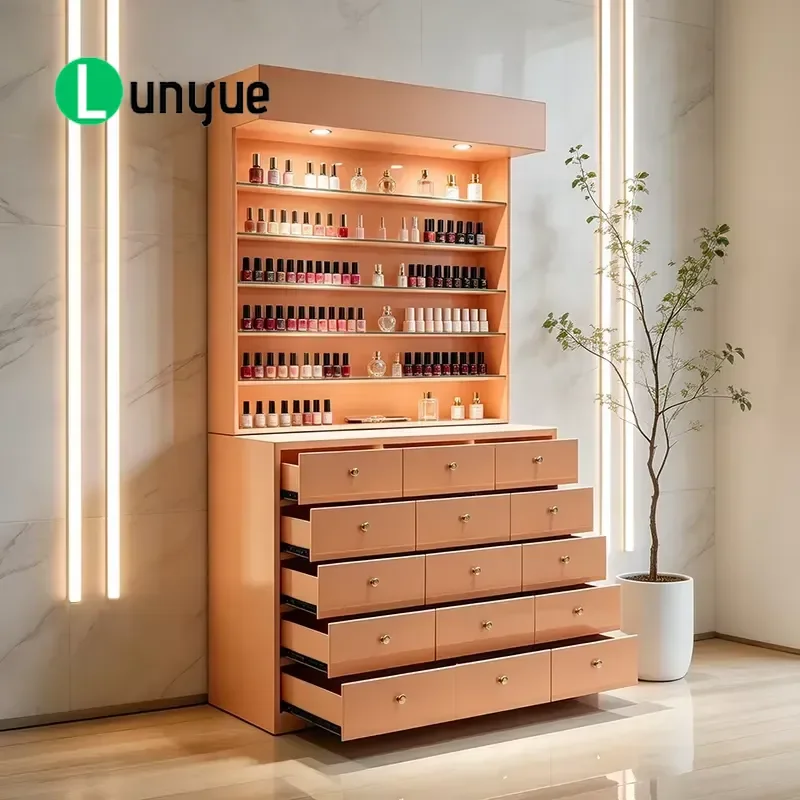 Modern Luxury Orange Wood Display Cabinet for Beauty Shop Nail Polish Rack with Storage Drawers and Lights Furniture