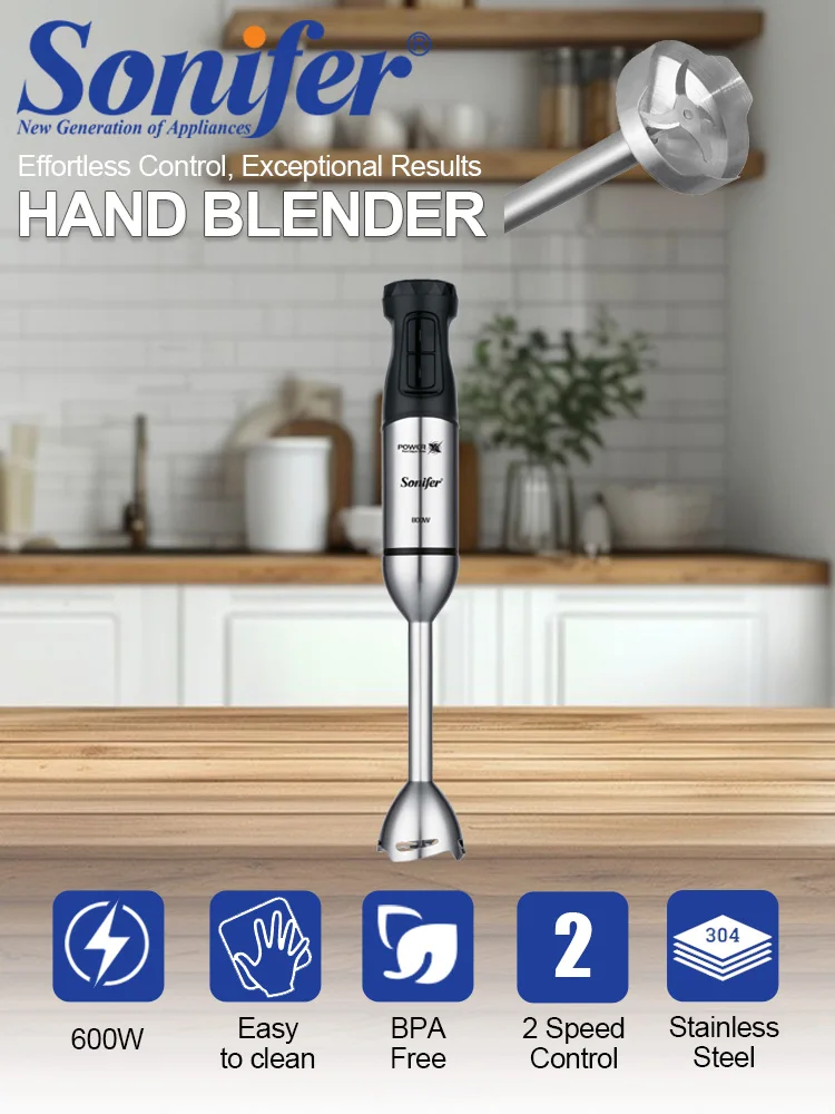 Hand Blender Sonifer SF-8181 600W 15000RPM 2 Speed Control 304 Stainless Steel 4 Blade Stick Mixer for Smoothie Soup Baby Food