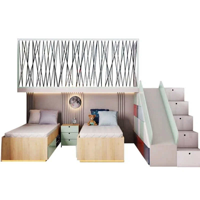 Tempat tidur twin, ruang kamar anak laki-laki dengan tempat tidur susun, rumah bermain anak dengan seluncuran